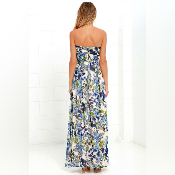Lulus Sweet Symphony Blue Floral Print Strapless Maxi Dress Size XS - Picture 4 of 16
